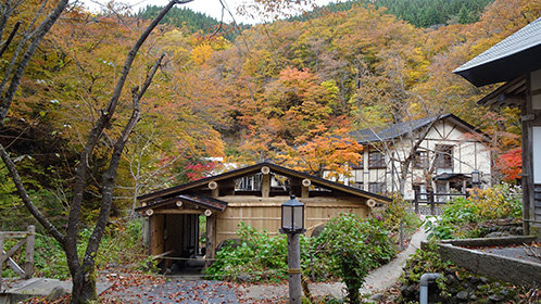 鮮やか紅葉をバックに間も無く回復の「露天風呂」